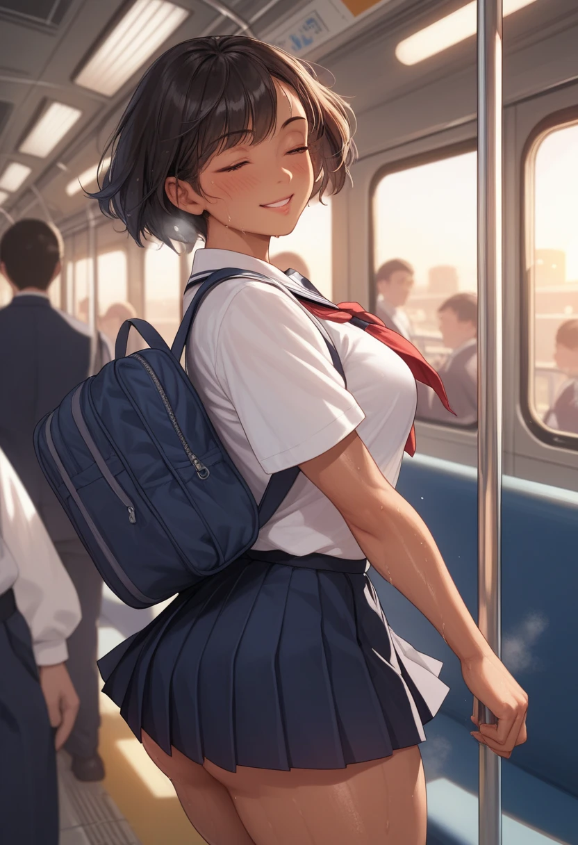 BREAK 1girl,sleeping on a train seat from front, BREAK In a crowded train,((Evening)),The sunset shines in, BREAK 1girl,motion line,smile, running,large butt,black hair,tan line,short hair,blush,steaming body,glisten skin,(sweat:1.4),School uniform, BREAK detailed,score_9, score_8_up, score_7_up, score_6_up, score_5_up, score_4_up, sound effects, wide shot,