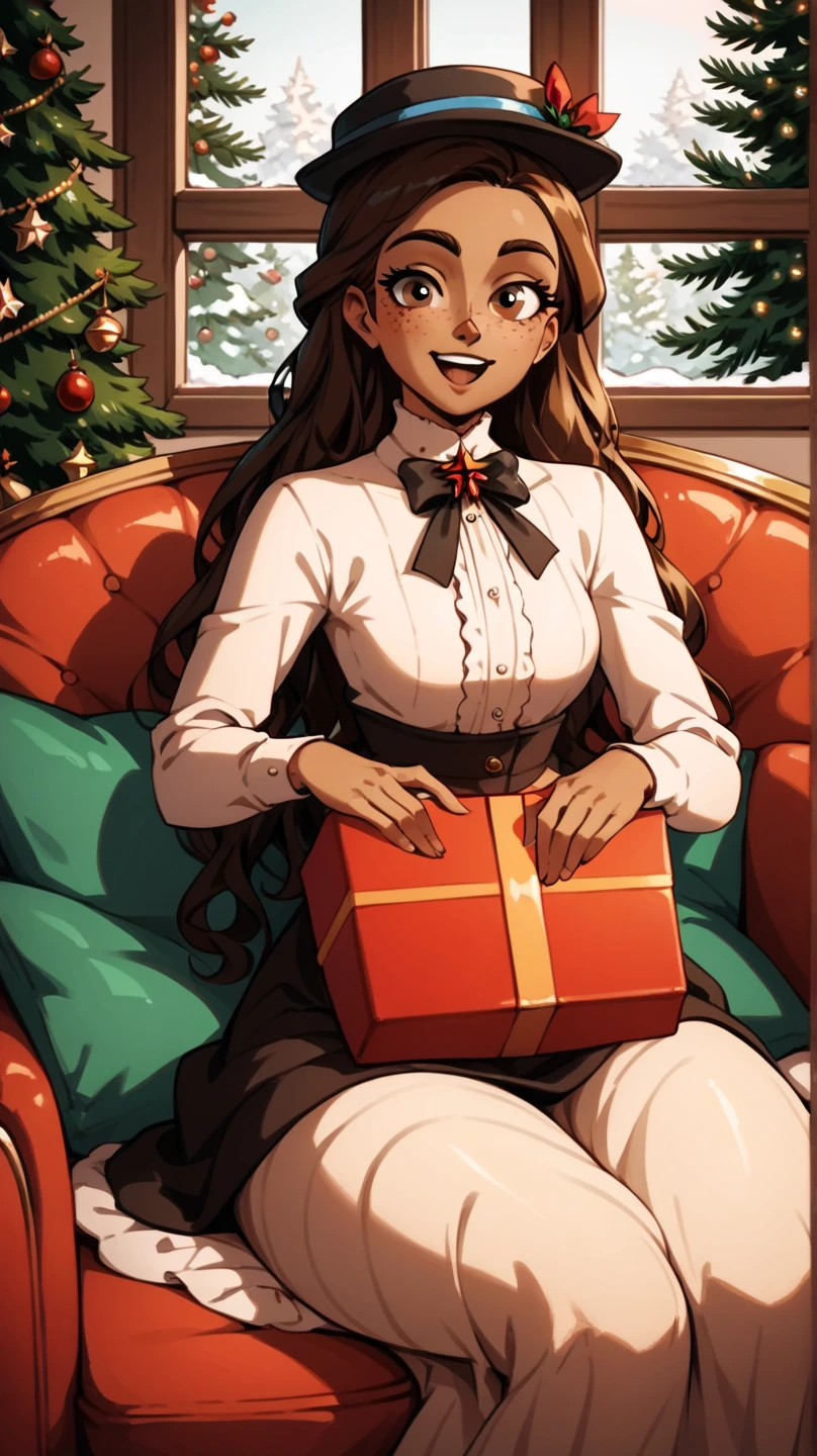 masterpiece, 1girl, solo, franimel, dress, long hair untill hips, brown skin, brown eyes, freckles, hat, xmas, victorian indoors, xmas tree, pile of xmas gifts, snow in window, sitting in a red couch, happy