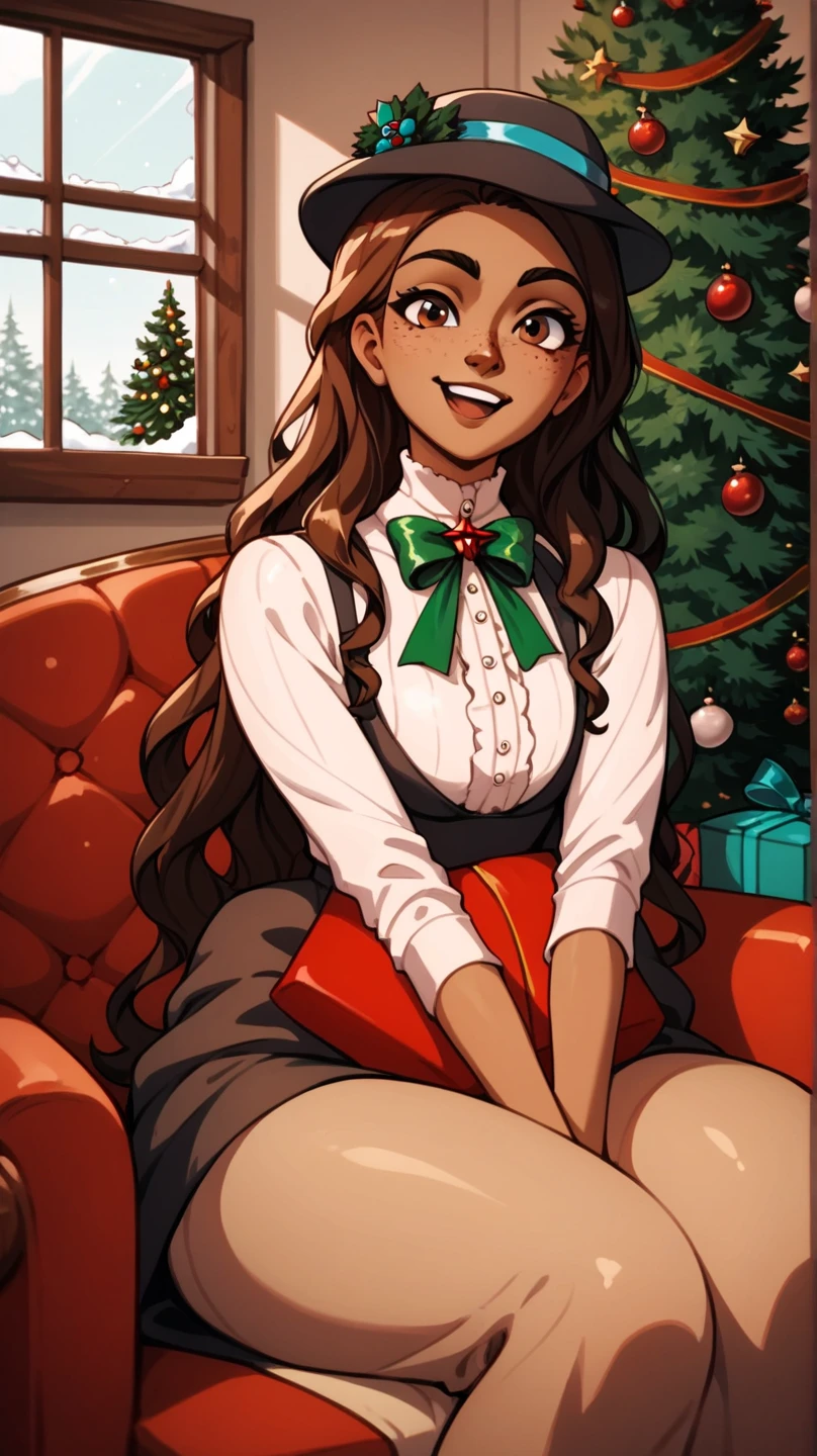 masterpiece, 1girl, solo, franimel, dress, long hair untill hips, brown skin, brown eyes, freckles, hat, xmas, victorian indoors, xmas tree, pile of xmas gifts, snow in window, sitting in a red couch, happy