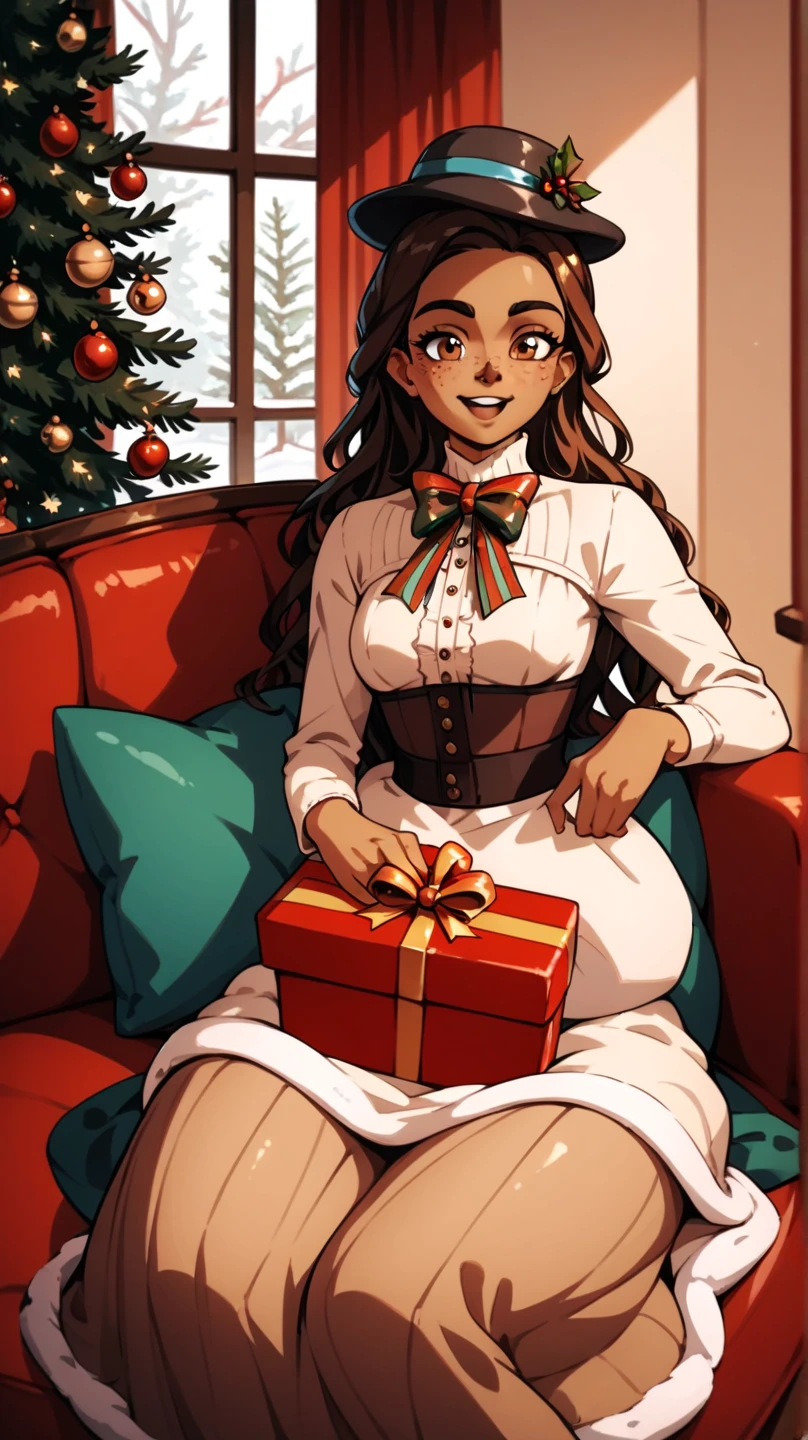 masterpiece, 1girl, solo, franimel, dress, long hair untill hips, brown skin, brown eyes, freckles, hat, xmas, victorian indoors, xmas tree, pile of xmas gifts, snow in window, sitting in a red couch, happy