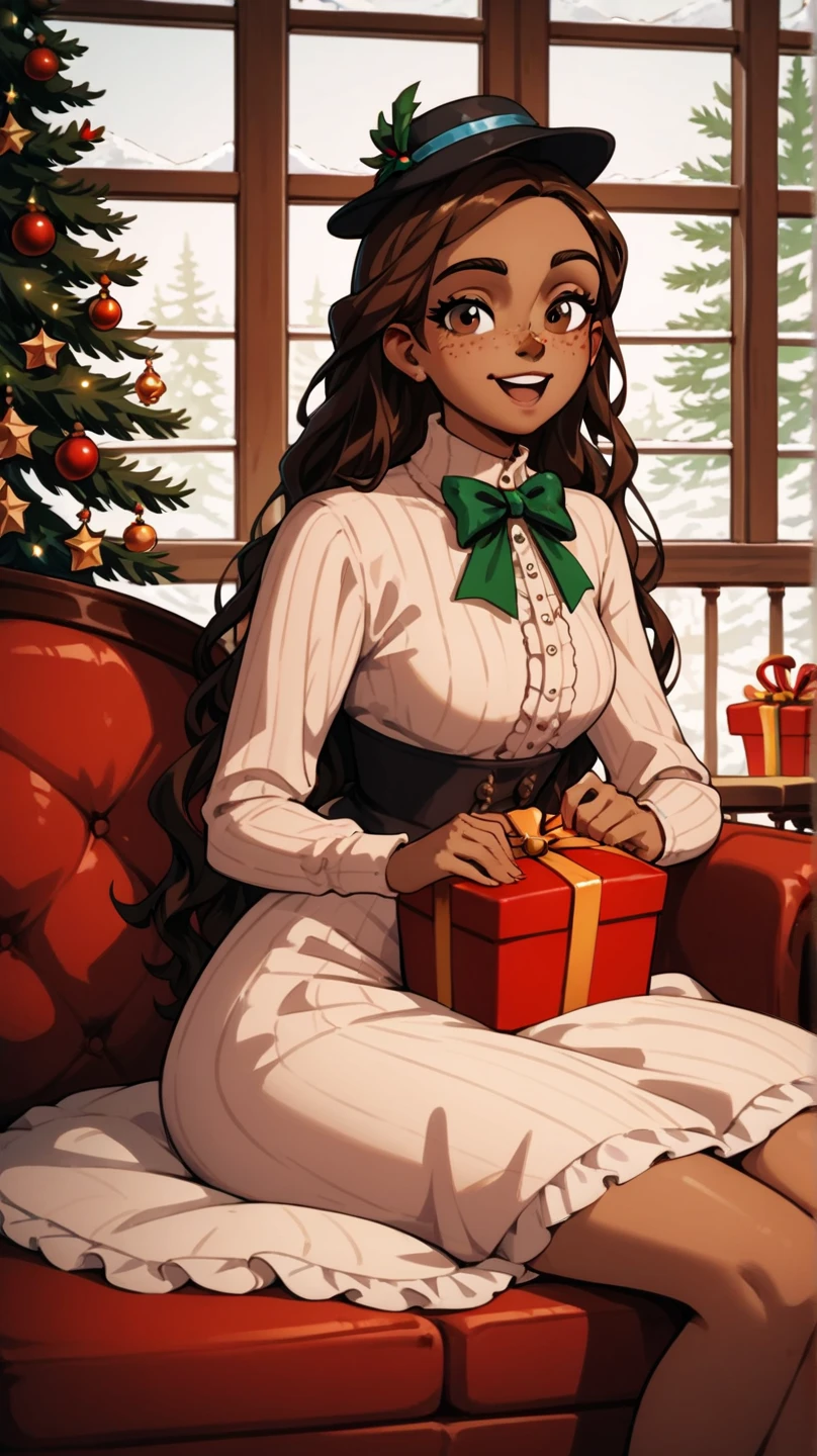 masterpiece, 1girl, solo, franimel, dress, long hair untill hips, brown skin, brown eyes, freckles, hat, xmas, victorian indoors, xmas tree, pile of xmas gifts, snow in window, sitting in a red couch, happy