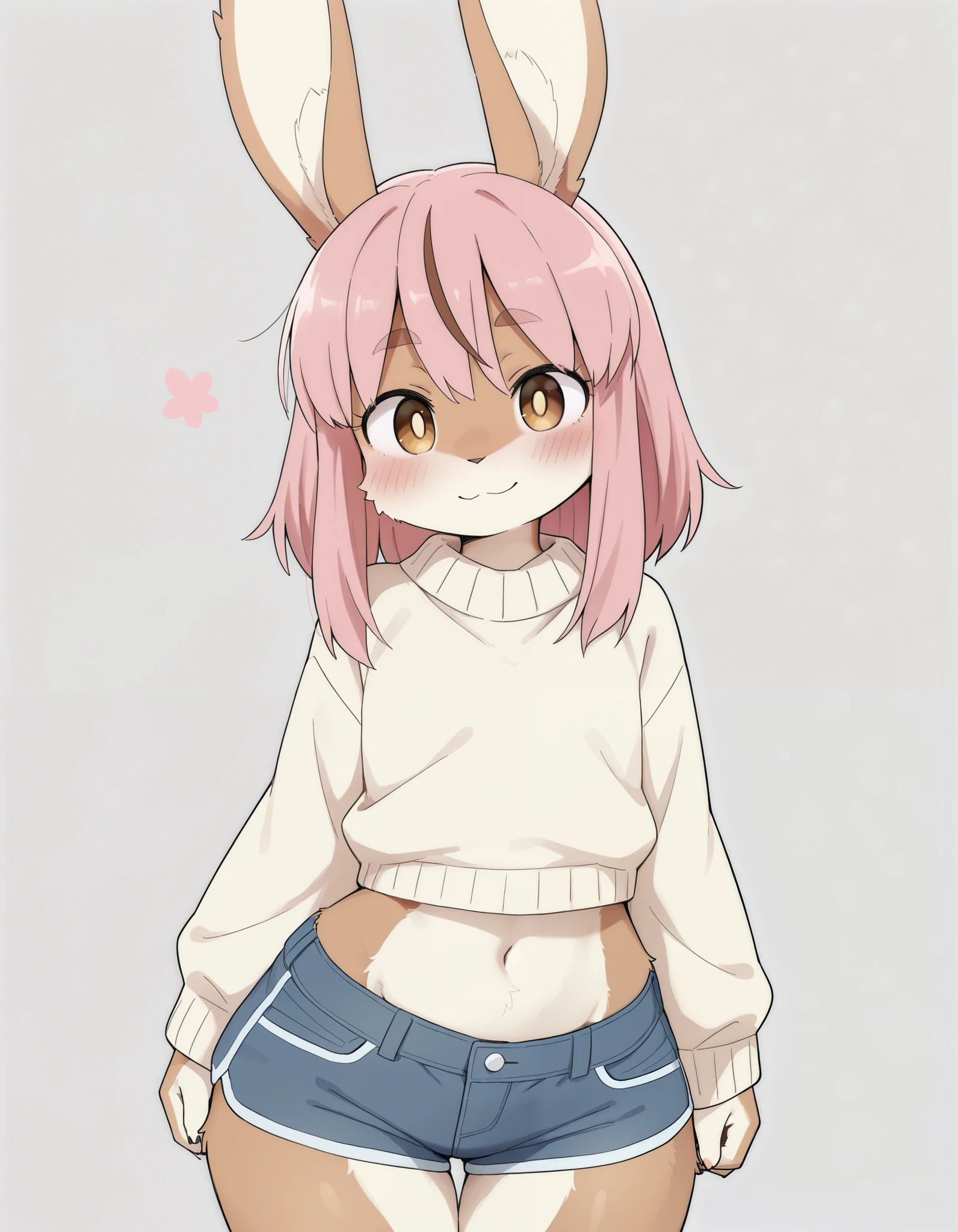 solo, Dagashi_(Daga2626), 1girl, furry female, furry, 1girl,, Very detailed illustration, (Anthropomorphic furry rabbit boy:1,7) , tousled voluminous hair, Playful look, Slim, ideal body, thin waist, wide hips, Simple drawing, Artifyber style, pastel flat colors, Cute, cartoon, sweater, short shorts