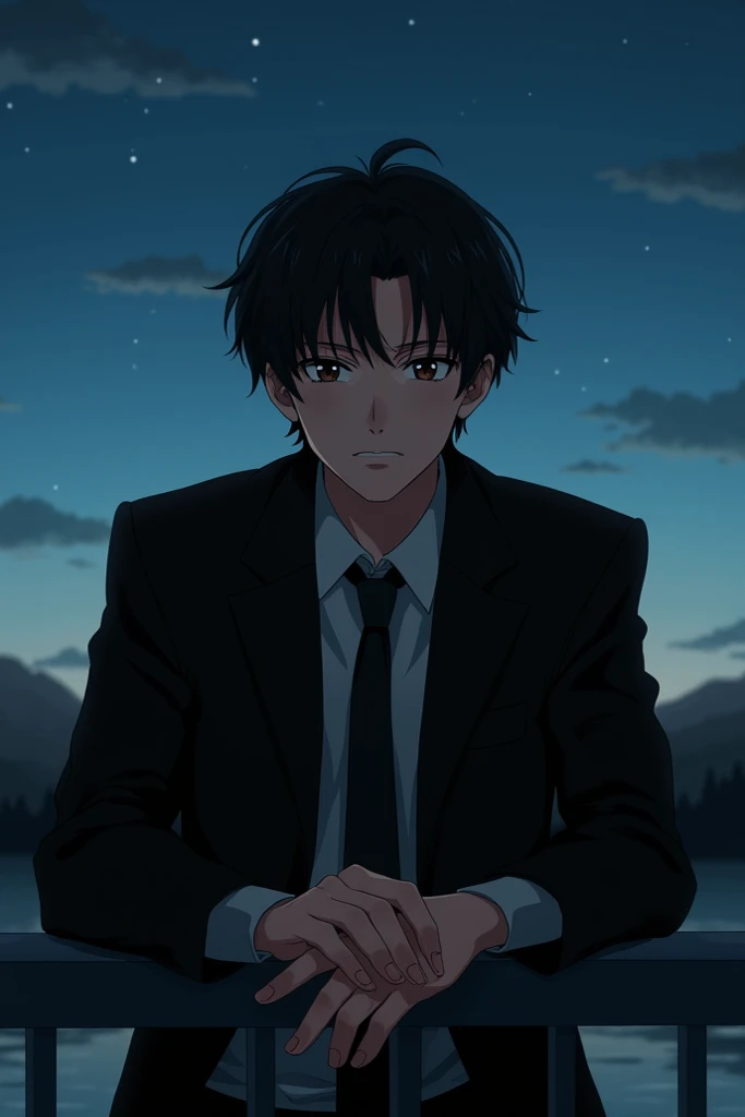  Close up front of an 18-year-old dark-haired man with his hands resting on the porch of a dam bridge, Wear a black jacket shirt and tie ,  it's nighttime and behind it there is a starry background 