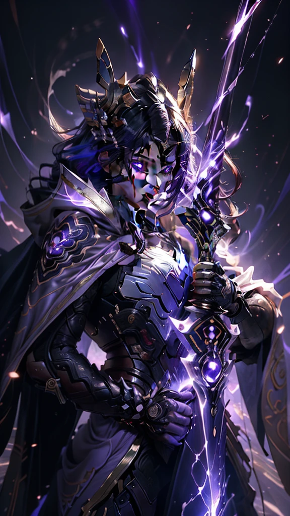  beautiful detail images ， depicting a magic sword ,  radiating magical energy .blade,  emitting a faint light on a shiny and soft , Purple light,  when reaching from one hand to the other 、 twisting ,  seductive , Purple flames 、 spinning in a mysterious trajectory .周囲の部屋はPurple lightに包まれている, 深いPurple light,  object .Macro Lens, Prime Time,  soft lighting、 purple hair、 white cloak、 voluminous cloak 、 Lightning General