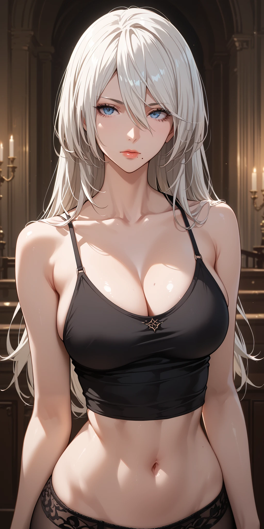 Score_9, Score_8_up, Score_7_up, Source_anime, anime art, anime style, very aesthetic, masterpiece, high quality, 1girl, badass mature woman, milf, curvaceous, mole under mouth, black tank top, navel, white hair, long hair, hair between eyes, expressionless, 2b, yorha no. 2 type b, soft light