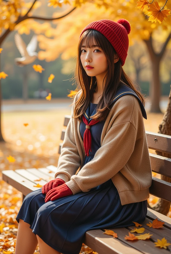  beautiful Japanese woman , Front View,  Woman sitting on a bench in a park ,  Breathtakingly Beautiful Photos , ( Many pigeons soar into the sky behind:1.8),  brown hair, 細身の体:1.331,  anatomically correct proportions :1.331,  has a small head:1.331,  Famous Tokyo Metropolitan High School Sailor Suit :1.21, Long-sleeved Clothes , Navy Blue Long Sleeve Sailor Uniform :1.21,  will be Fuku:1.21,  Navy Blue Pleated Skirt,  cardigan,  muffler , Red knitted hat, cute woolen gloves,  bob cut hair:1.21, Brown Hair,  let your bangs hang long :1.21, Ginkgo leaves fall :1.7,  Park filled with dead leaves ,  Lighting based on extremely warm colors , Perfect composition , Proper placement, Golden Ratio,