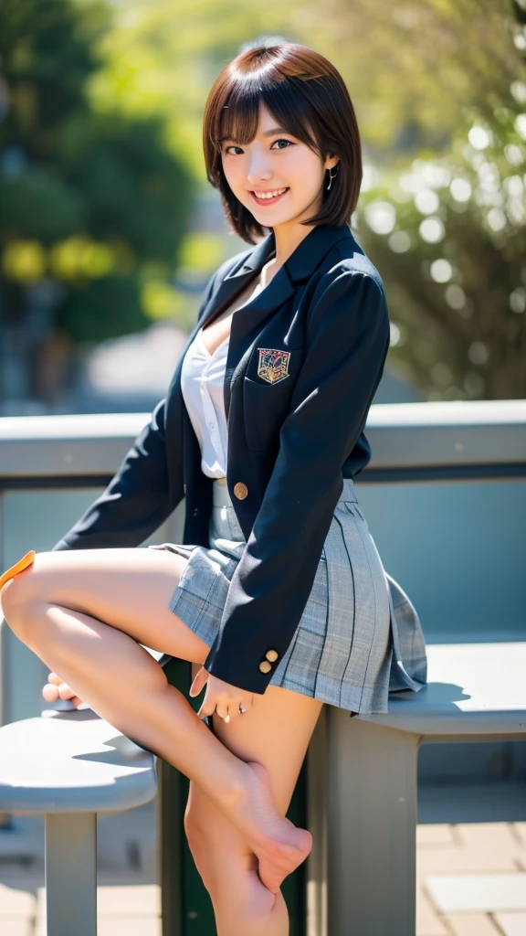 (((left leg up:1.4))),Around town,Outdoor,bench,( wear an office jacket,Wearing a skirt:1.2),A female college student, cleavage, looking at the camera,smile, 22 years old,  short hair 、bangs、Cute earrings,Bright sunlight, best quality,4K, real,live-action, Perfect Body ,Detailed skin, detailed skin