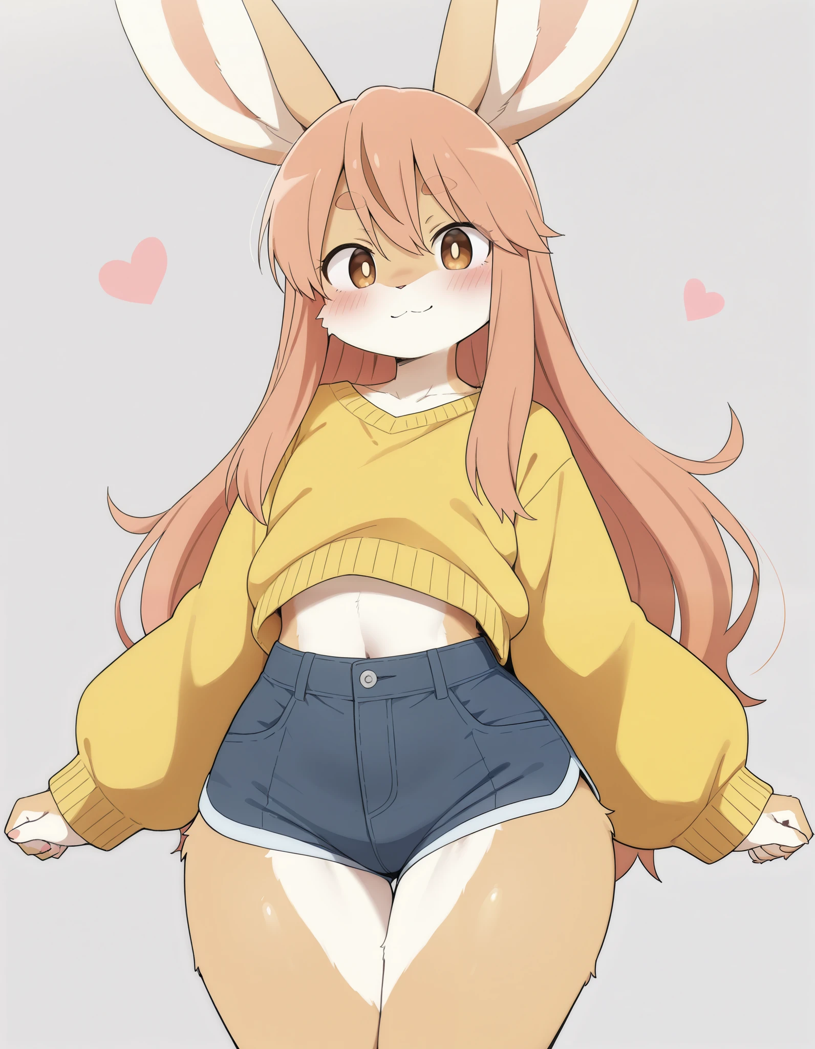 solo, Dagashi_(Daga2626), 1girl, furry female, furry, 1girl,, Very detailed illustration, (Anthropomorphic furry rabbit boy:1,7) , tousled voluminous hair, Playful look, Slim, ideal body, thin waist, wide hips, Simple drawing, Artifyber style, pastel flat colors, Cute, cartoon, sweater, short shorts