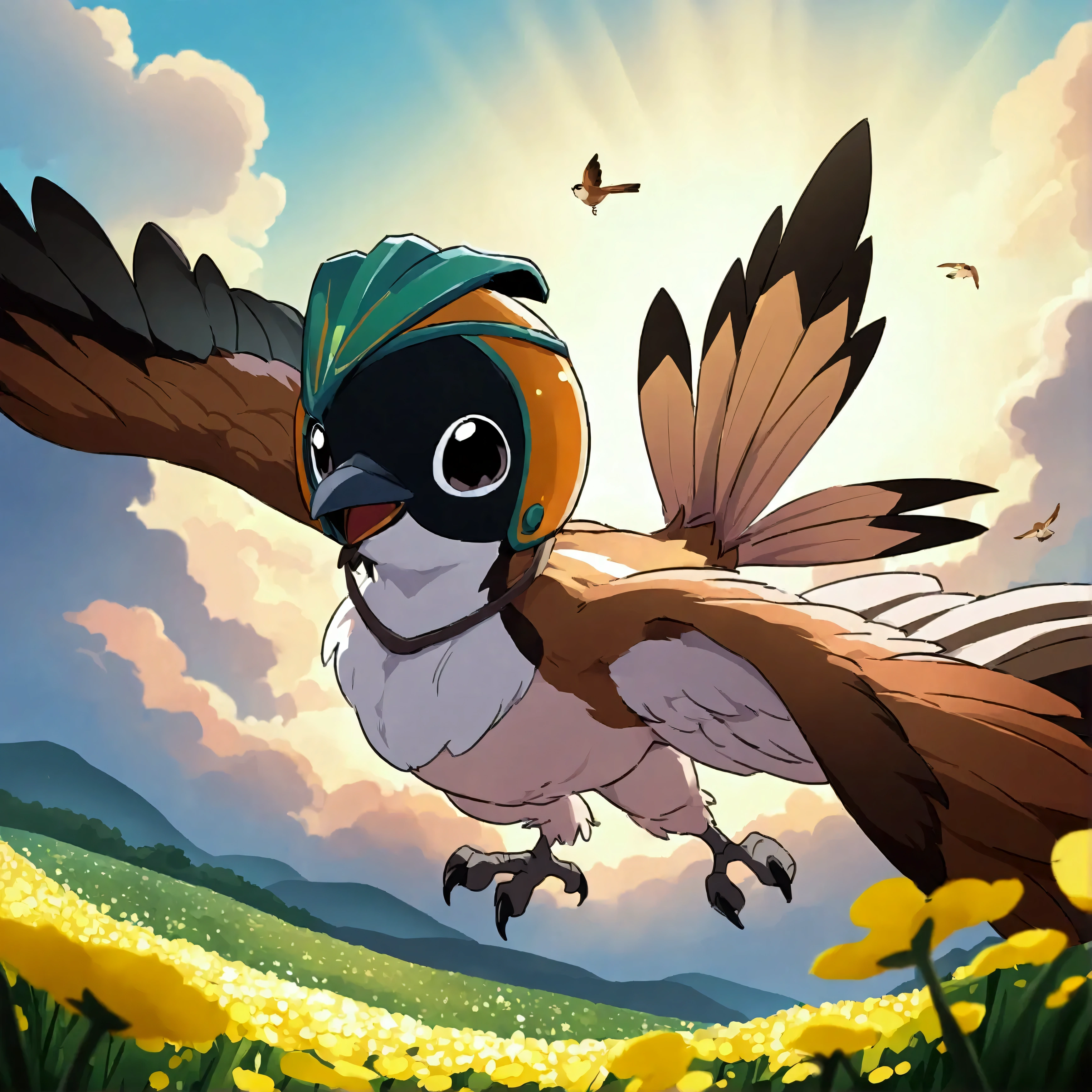 A cute woman (role of a sparrow bird wings, adorable helmet with big bird eyes and beak, bird bikini with tail feathers), she is flying over a field of flowers hunting big juicy bugs, daytime, her bird shadow is big