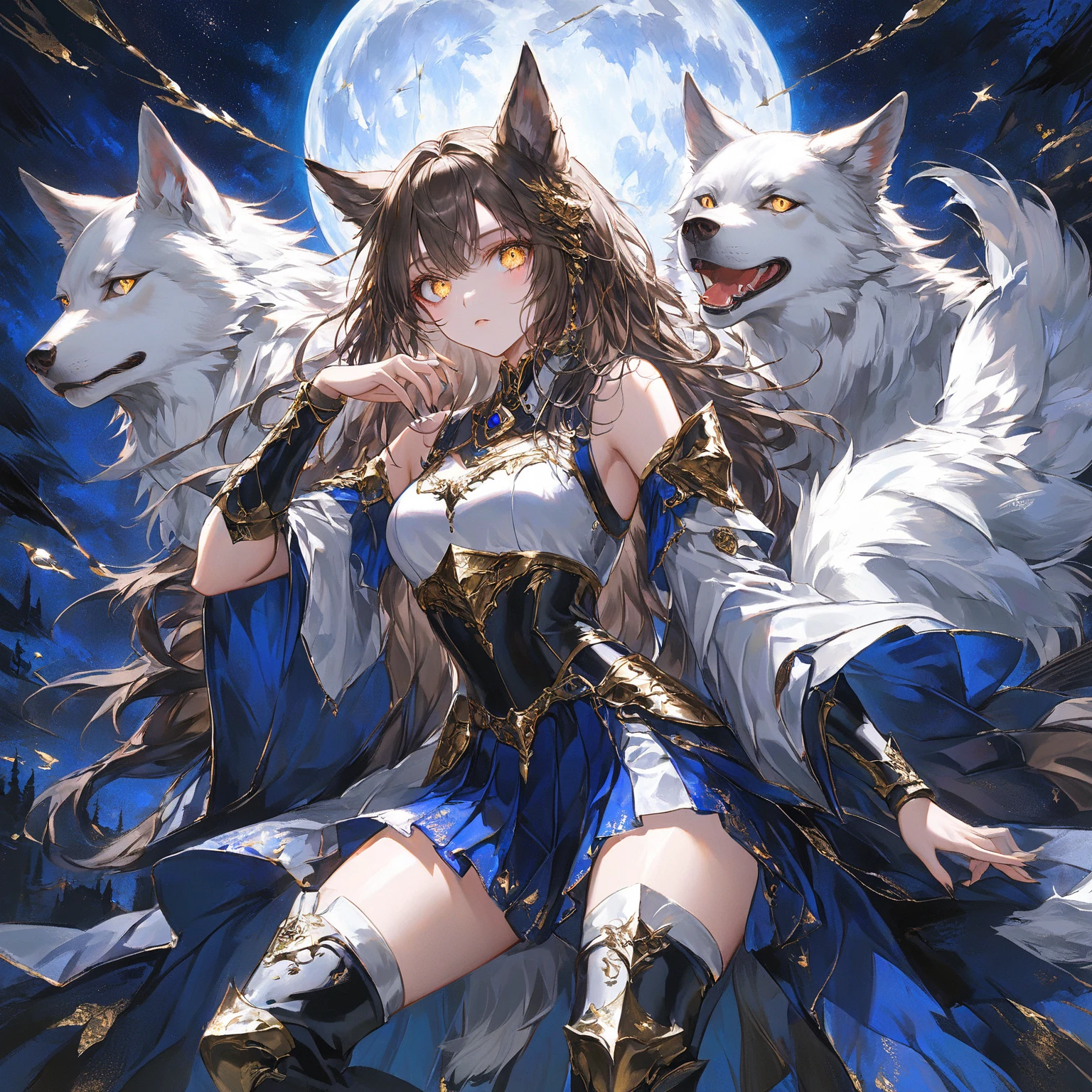 Huge wolves huddled together、Detailed depiction of bulges and wrinkles in ultra-thin underwear, (masterpiece), (Highest quality), One girl, (Perfect Face:1.2), (Beautiful Face:1.2), Black Hair, (From below), Happy, A light smile, View your viewers, Sexy pose, See-through, Outdoor idnight, Night Sky, milky way), Complex, Depth of written boundary, Cinema Lighting,