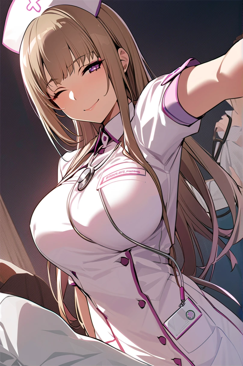 ((  Masterpiece ,  High Quality , 最 High Quality )),  1 girl , nurse, solo focus,  closes one eye,  have , mosaic brown hair, Purple Eyes, smile, nurse cap,  long hair, throw, chest, , Stethoscope, large chest,  Dutch angle ,  watch viewers, 