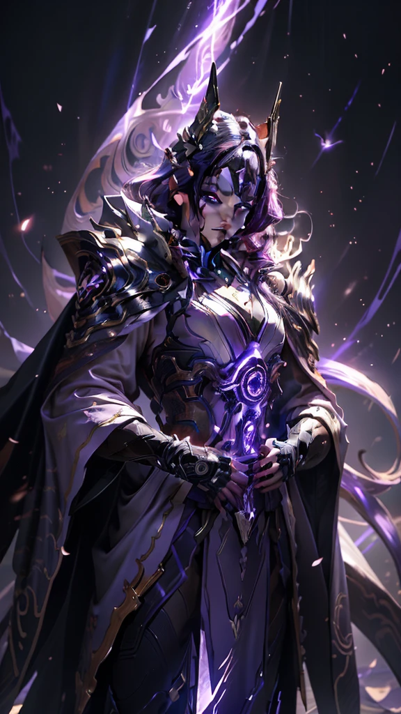  beautiful detail images ， depicting a magic sword ,  radiating magical energy .blade,  emitting a faint light on a shiny and soft , Purple light,  when reaching from one hand to the other 、 twisting ,  seductive , Purple flames 、 spinning in a mysterious trajectory .周囲の部屋はPurple lightに包まれている, 深いPurple light,  object .Macro Lens, Prime Time,  soft lighting、 purple hair、 white cloak、 voluminous cloak 、 Lightning General