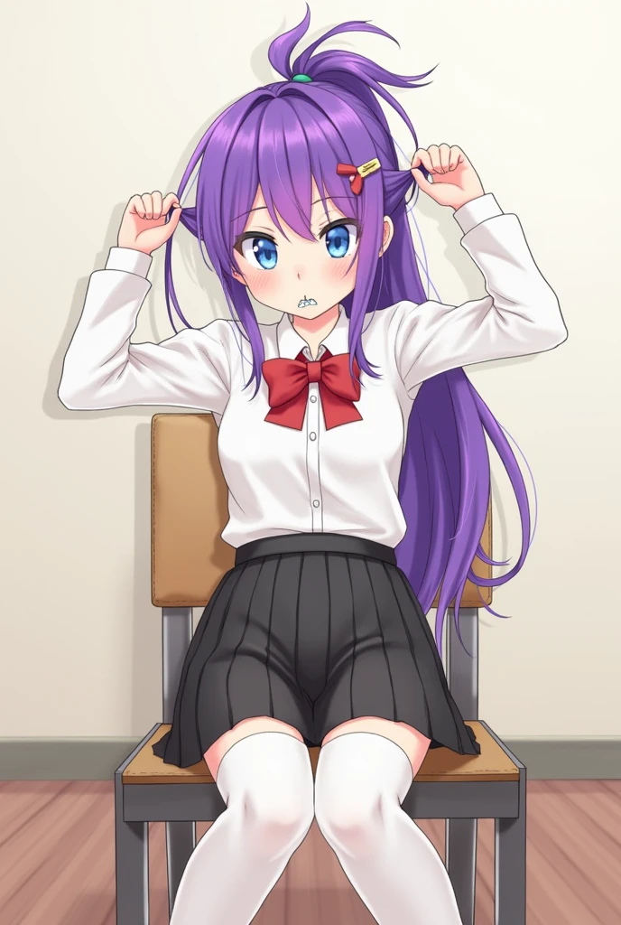 ,long purple hair , yellow eyes ,purple serafuku,very Slim legs,thigh high socks,sitting ,classroom ,Open legs ,striped panties,erotic pose