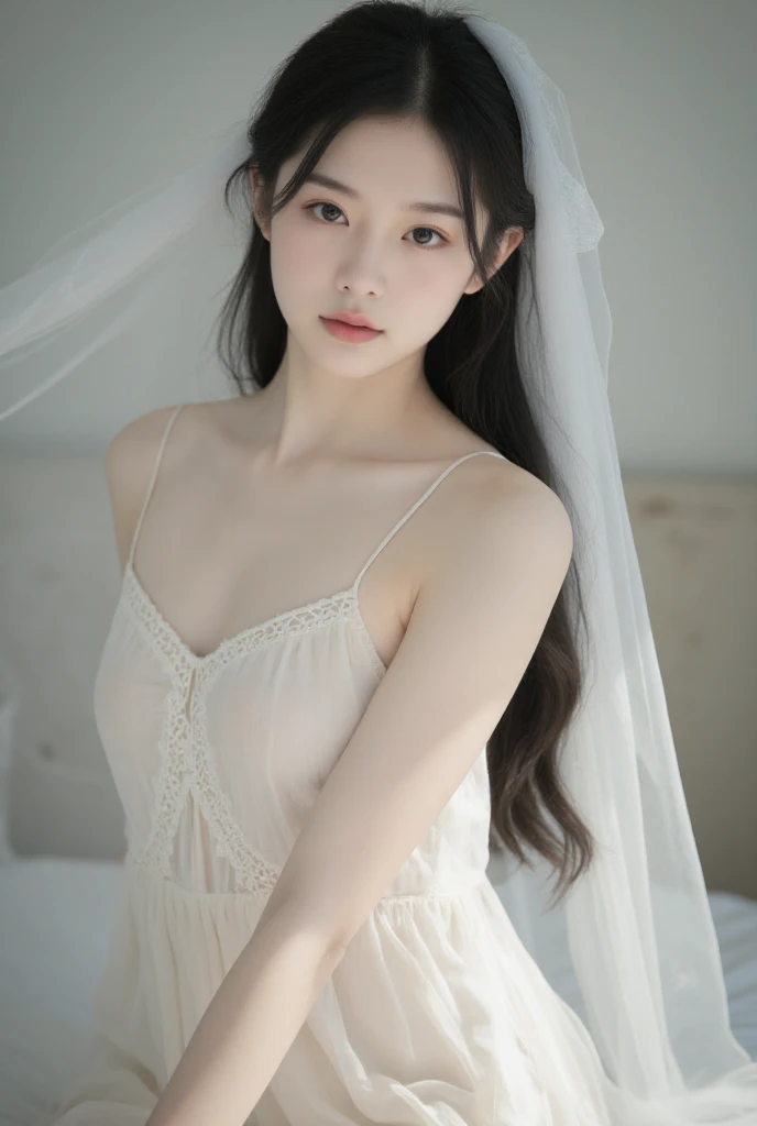 (Top Quality, 8K, Masterpiece: 1.3)), (1 person: 1.4), 1girl, Japan woman, Goddess, , portrait photography, high contrast, divine perspective, aperture F1.2, focal length 24mm, (full body: 1.2), smile, photo pose, fine lace, slip dress, simple cut dress, brand dress, simple cut, long black hair, hair tying, ultra detailed skin details, Detailed fabric texture