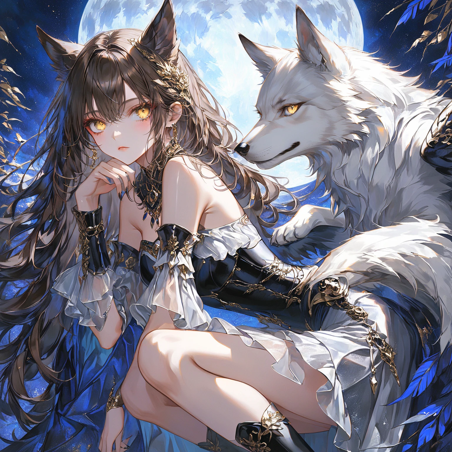 Masterpiece, high quality, high resolution, 16K, ultra detailed background, ultra realistic, digital painting, fantasy, half wolf girl, long eyelashes, sharp wolf-like eyes, hanging eyes, golden eyes like a wolf, beautiful skin, beautiful legs, dark brown hair like a mane, white silver mesh, beast ears, silver  tail, hunter's outfit, metal armor with claw-like hands, big moon, dark night, dog pose, stylish pose, bare-shoulder dress