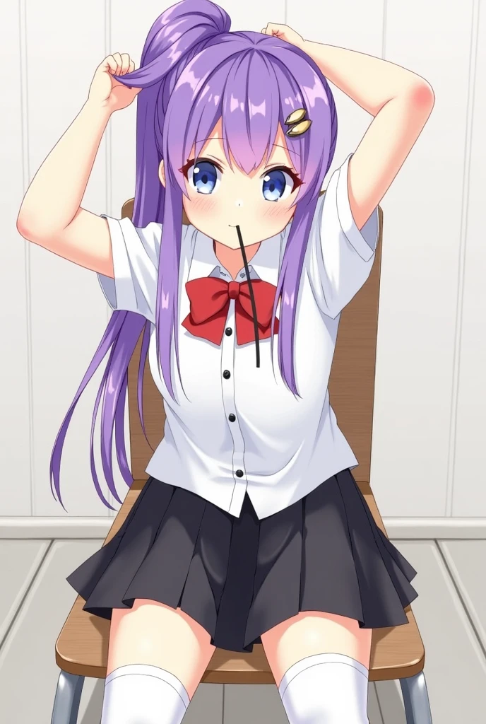 ((masterpiece, best quality)), high resolution,ultra detailed,8k,16k,detailed background, perfect lighting,detailed beautiful eyes,1girl,solo,nsfw,embarrassed,blush,skirt lift,look at viewer,steam,sweat,show off pussy,(from front:1.2),aroused, sitting,watery eye,wavy mouth,open mouth,slender,short stature,slender,pale skin,small breast,sagiri_izumi,light blue hair,pink ribbon,blue eyes,long hair