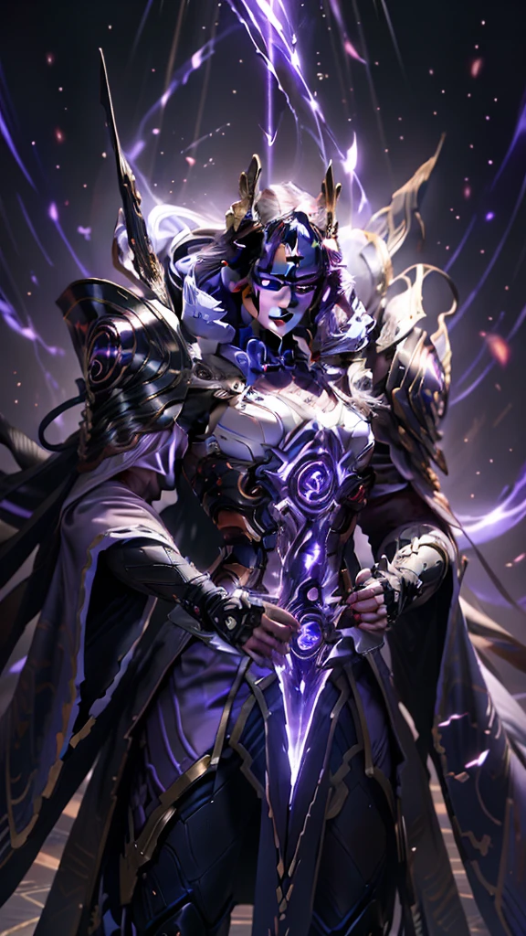  beautiful detail images ， depicting a magic sword ,  radiating magical energy .blade,  emitting a faint light on a shiny and soft , Purple light,  when reaching from one hand to the other 、 twisting ,  seductive , Purple flames 、 spinning in a mysterious trajectory .周囲の部屋はPurple lightに包まれている, 深いPurple light,  object .Macro Lens, Prime Time,  soft lighting、 purple hair、 white cloak、 voluminous cloak 、 Lightning General