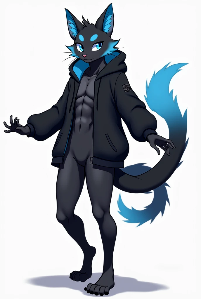 Full body since head until feet Male men wolf femboy. Face 3/4, He would have a mix of white, blue, black, and grey fur, with a long, dark blue and white tail. He also has long, black hair with dark blue highlights. 