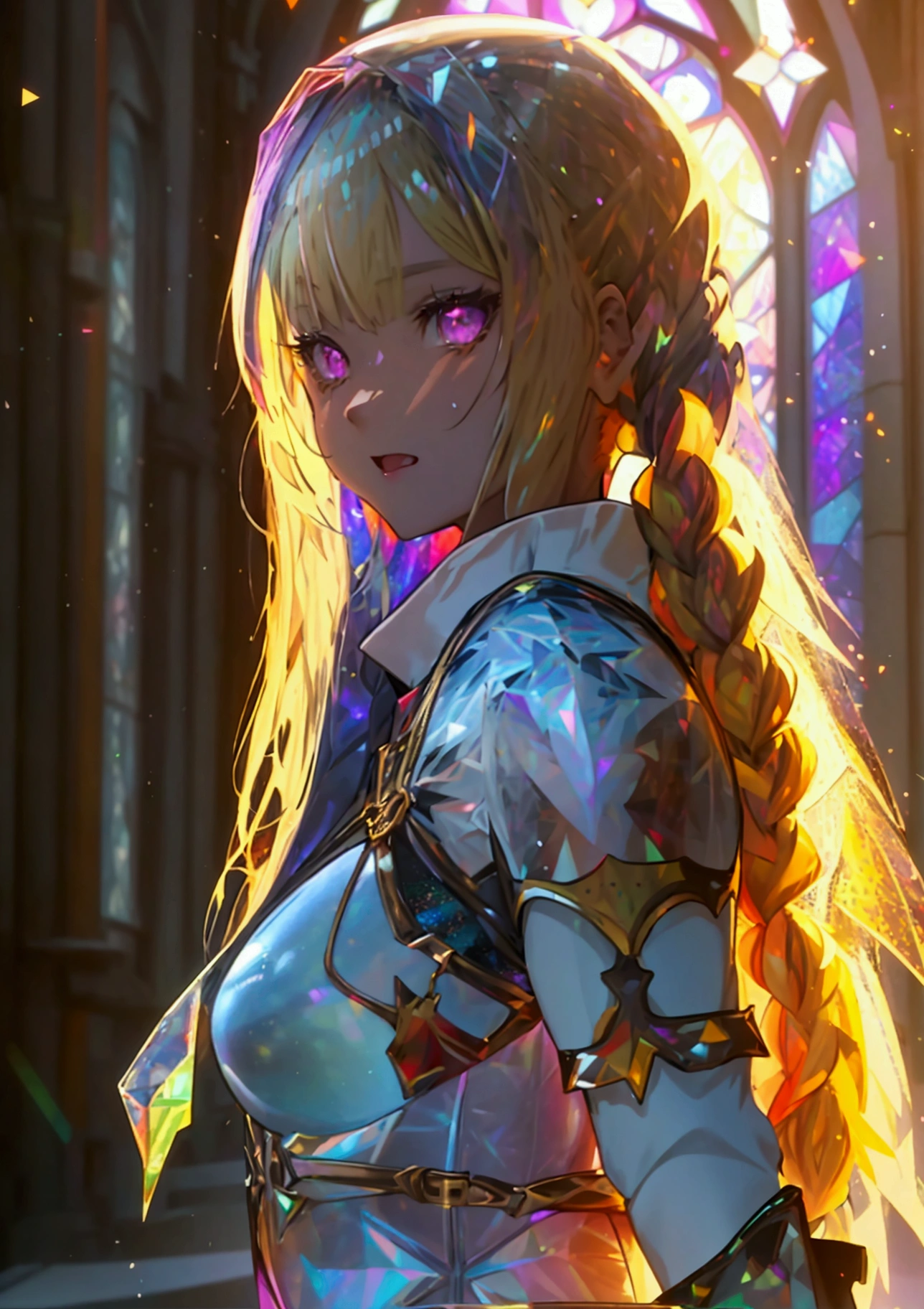 A girl offering a prayer、White clothes、The background is a sunset sunset 、 medieval cityscape with basket、Inside the kaleidoscope、 stained glass background 、Legendary Scenery 、 mythical scenery unfolds、The cathedral shines brightly、red and green contrast 、Path of Light、 Edelgard in black armor, wearing black tights ,((  Holographic  )), （I can see the fangs、Double teeth、 wore black tights  ( transparent PVC clothing , transparent colored vinyl clothing , : 1.2。prism, Holographic , Color Difference, fashion illustration), （Mean face、 red eyeliner that makes a striking impression、  cold eyes 、  has long eyelashes） Purple Eyes,  long hair,  blonde hair( Holographic :1.2), Refined and elegant ,  3d rendering,, Looking at the Audience , pixib,movie lighting,  very detailed,  clear focus