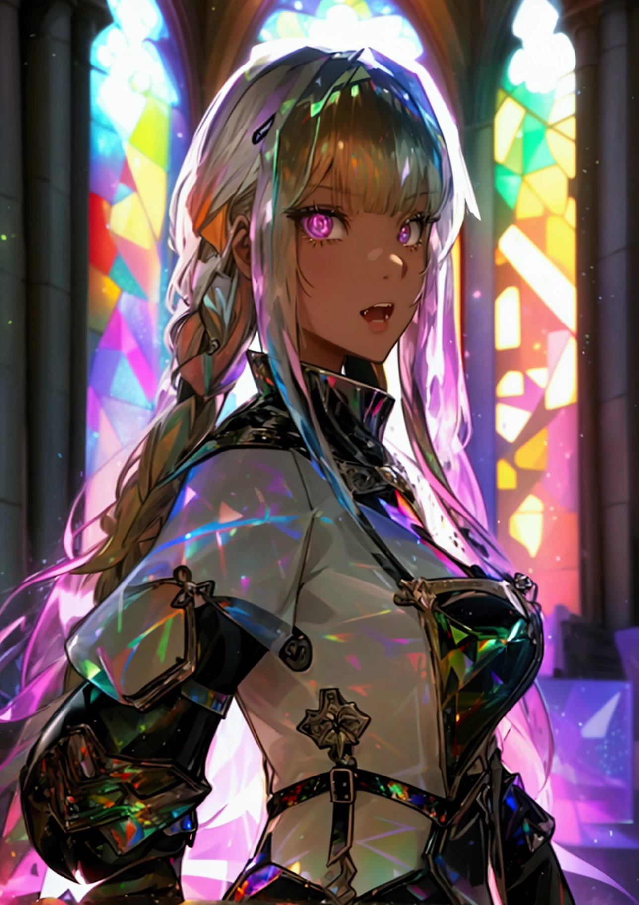 A girl offering a prayer、White clothes、The background is a sunset sunset 、 medieval cityscape with basket、Inside the kaleidoscope、 stained glass background 、Legendary Scenery 、 mythical scenery unfolds、The cathedral shines brightly、red and green contrast 、Path of Light、 Edelgard in black armor, wearing black tights ,((  Holographic  )), （I can see the fangs、Double teeth、 wore black tights  ( transparent PVC clothing , transparent colored vinyl clothing , : 1.2。prism, Holographic , Color Difference, fashion illustration), （Mean face、 red eyeliner that makes a striking impression、  cold eyes 、  has long eyelashes） Purple Eyes,  long hair,  blonde hair( Holographic :1.2), Refined and elegant ,  3d rendering,, Looking at the Audience , pixib,movie lighting,  very detailed,  clear focus