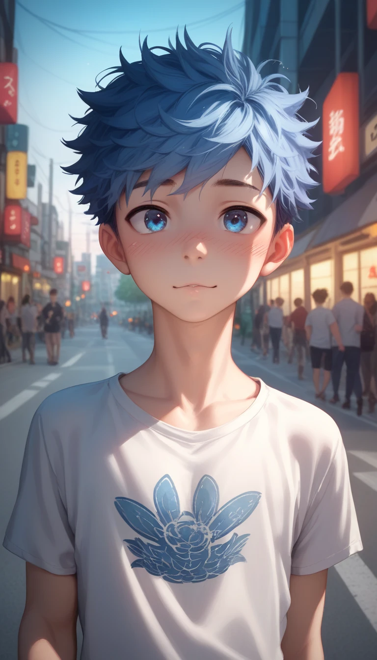 Two handsome cute kiid little young boy 5yr,blush,messy blond short hair,blue eyes,from front,in road japan city,kiid face,wearing shirt neck v,fullbody,hd,4k,8k,dynamics lighting,perfect lighting,realistic