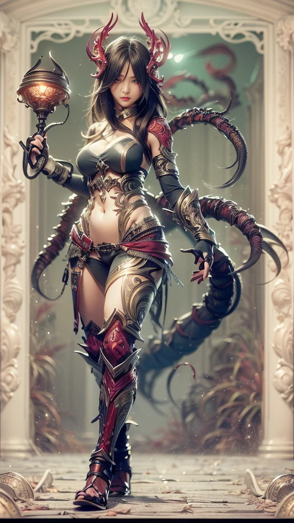 ((Simon Bisley)), Beautiful full-body woman, 30 years old, muscular and perfect body, fierce warrior, clothes full of metallic tips and chains in earthy red tone, absurd details, absudres, Frank Frazetta, with micro clothes, almost totally naked, with little clothes, tiny thong, large breasts, generous neckline, lots of metal in the clothes, fantastic art clothes, hair fulfilled or short, brave face, dark kingdom, sexy pose, fantastic landscape, adult fantasy