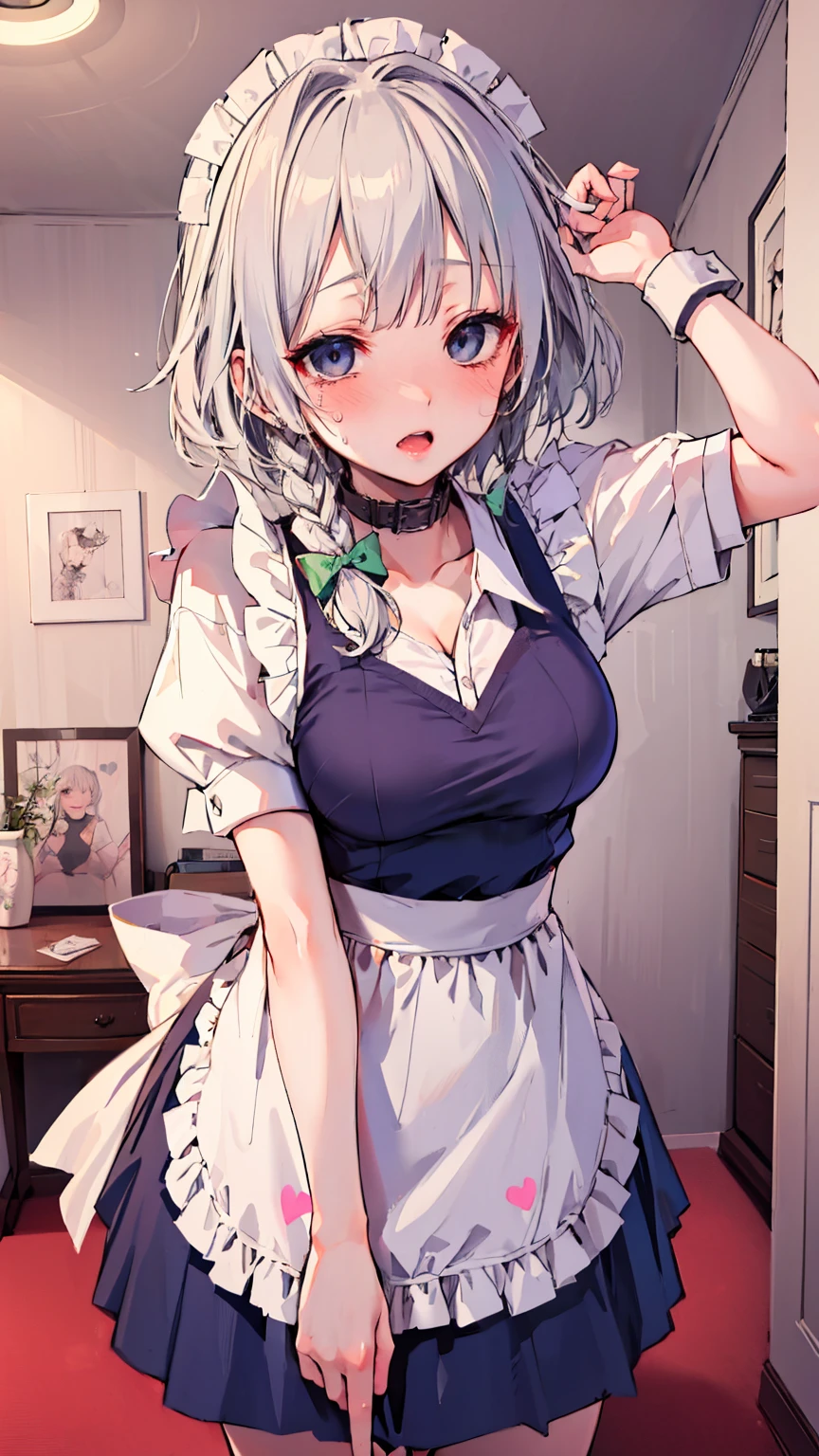 (real animation), (best quality,8k,highres,masterpiece:1.2),ultra-detailed,(realistic,photorealistic,photo-realistic:1.37), portrait, (maid,lovers,cute,girl,white hair,short hair,braided pigtails,white headband:1.2), (blue eyes, maid headdress, braid, grey hair, maid, twin braids, short hair, wrist cuffs, bow, hair bow, short sleeves, ribbon, apron, gentle expression,rosy cheeks), ((surprised face:1.6, full blush:1.4, tears, fell in love at first sight)), (spread the collar:1.2, cleavage of breasts), ((indoor、bedroom:1.2、western style room、dim:1.3))、sweat、cute、((lovely hearts:1.5))、1girl and 1boy, kabedon pov, fullbody, standing