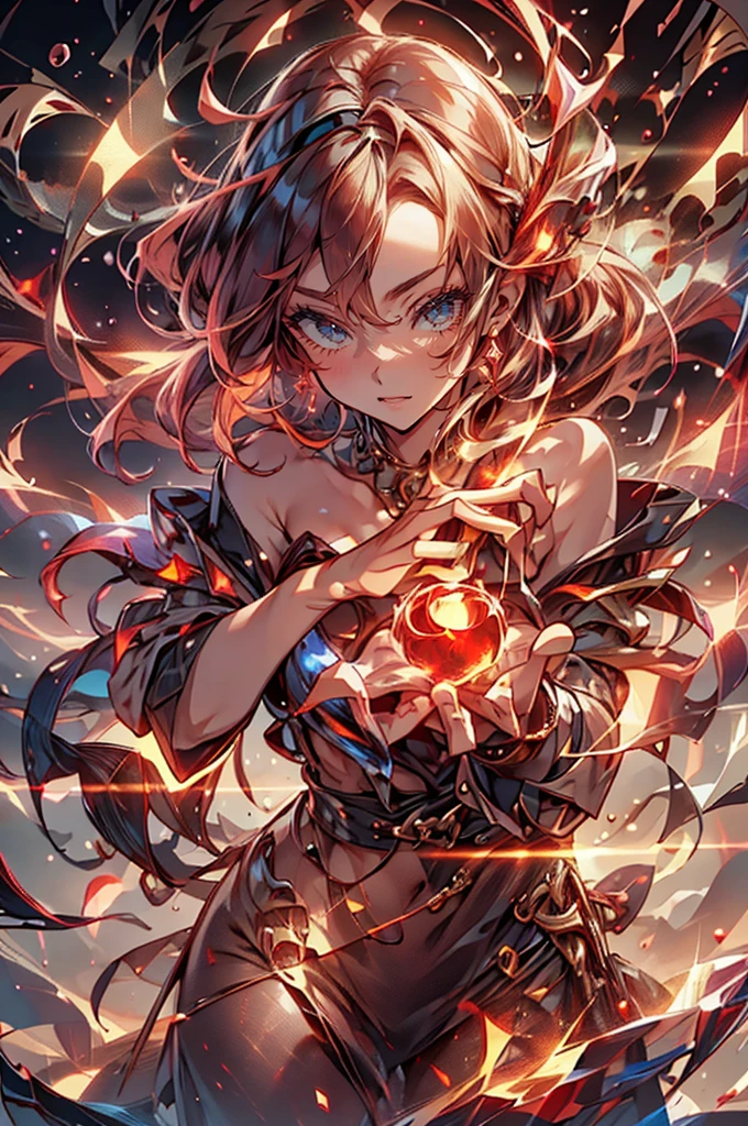 1girl,solo,cute,wizard,robe,cleavage,hold a fireball,red fireball on each hands,around fire aura,perfect hands,perfect finger,explosionmagic,glowing aura