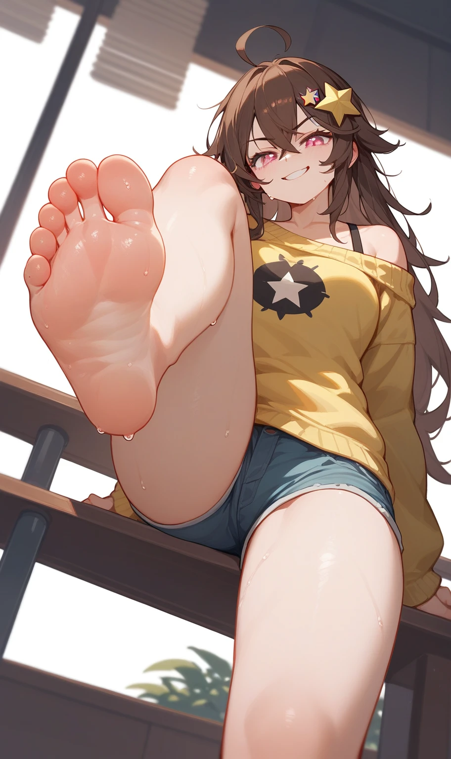 A woman showing her feet，One-leg stand， low angle，Sweating soles of feet，Bangs between eyes，Yellow off-the-shoulder sweater ，black shoulder strap ， pink eyes，denim shorts， long hair，  dark brown hair  ， There is a yellow five-pointed star hair ornament on the right side of the hair，Smirk，Aho, ahoge