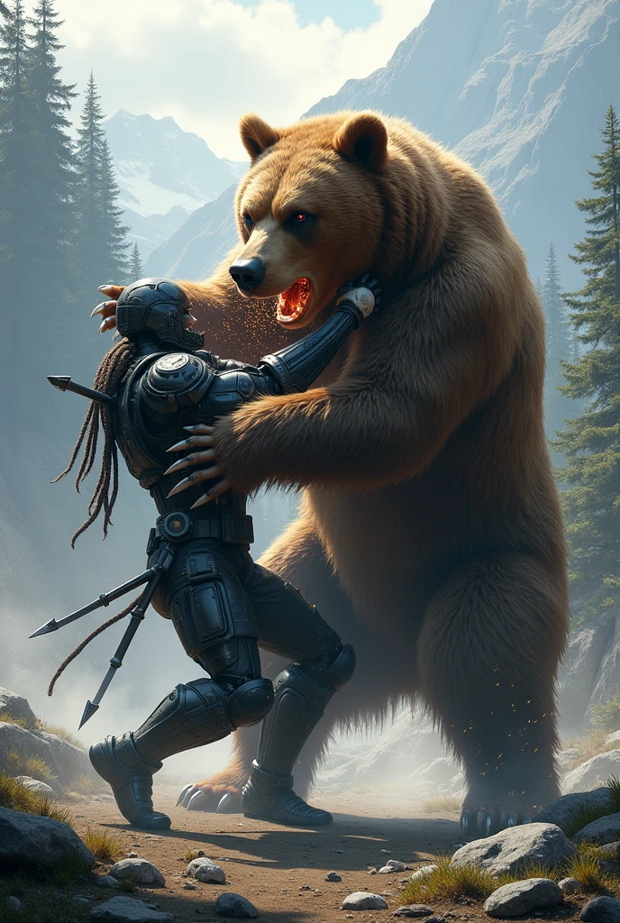 Grizzle bear fighting a black panther