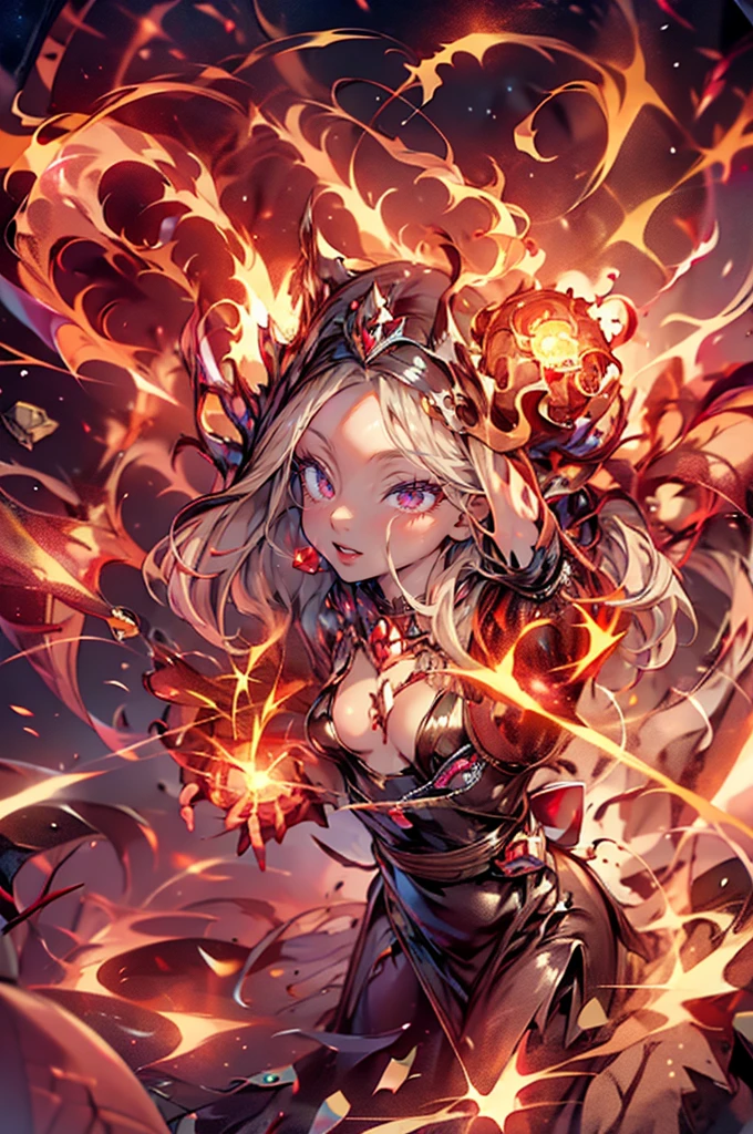 1girl,solo,cute,wizard,robe,cleavage,hold a fireball,red fireball on each hands,around fire aura,perfect hands,perfect finger,explosionmagic,glowing aura