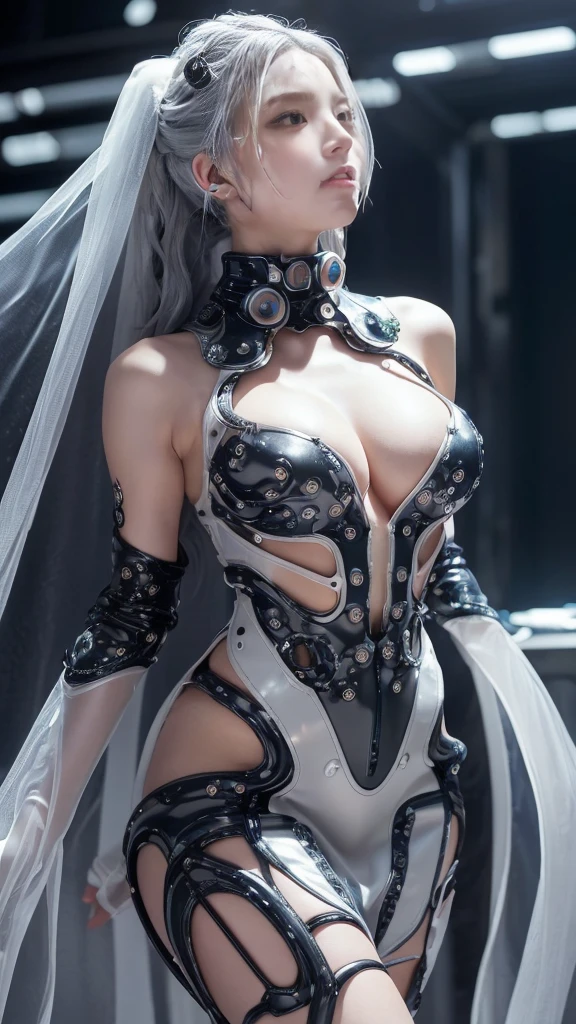 a close up of a person in a costume with a sword, as a character in tekken, female character, tifa lockhart with white hair, katana zero video game character, lunar themed attire, kda, slim body, cyborg - girl with silver hair, upper body avatar, (( medium breast;1.2)), fashion gameplay screenshot, fighting game character, new character, floralpunk elysian maiden, sigma female