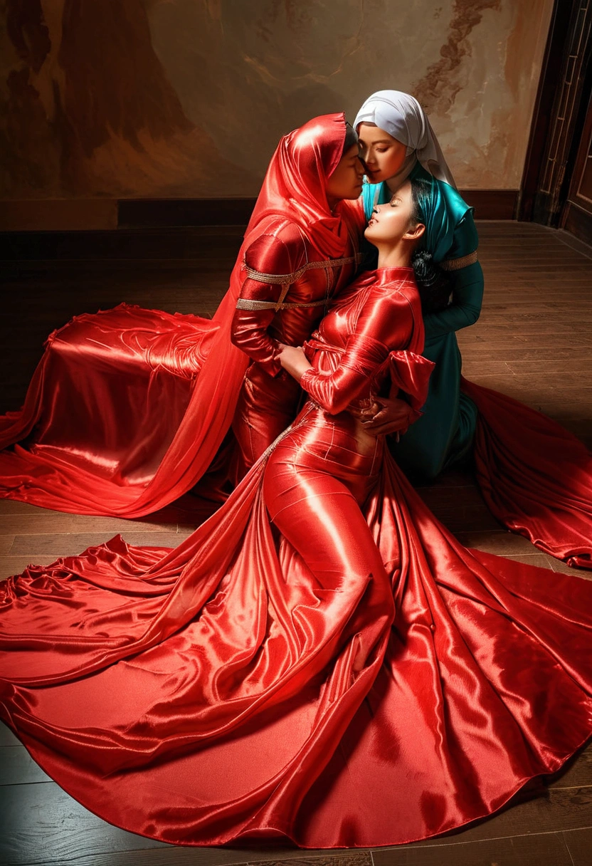 Two woman in the translucent night gown, half naked, nipple on with nipple piercing, shibari,tied with red satin rope,wearing satin hijab, full body,mermaid tight long gown, flowy dramatic long gown,very long flor length gown, tall women, in luxury bedroom , sexy face, sexy pose, wear high heels, masterpice