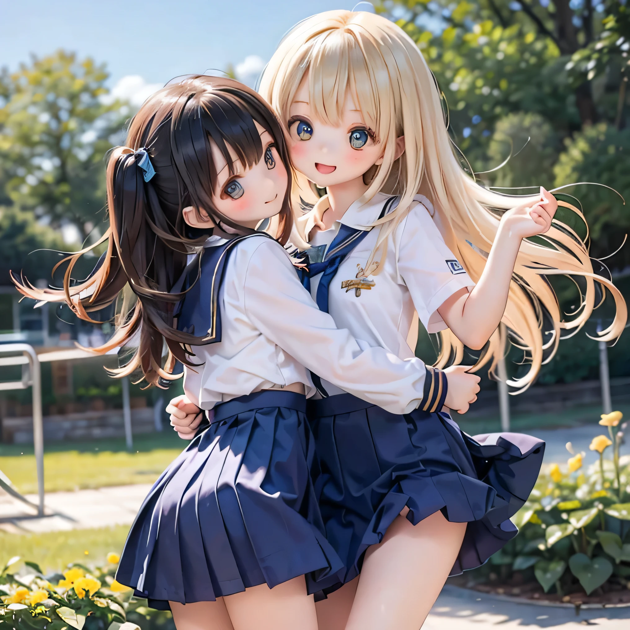 Texture CG, ((Ultra Detail Art)), ((master piece)), (extremely details CG),2girls,twins,nsfw, school gals ,school gyaru ,naughty gyaru,((((school unifrom))),skirt ,(((pleated mini skirt)))),underboob white shirt, beautiful legs,beautiful breasts,slim body, slim legs,slim thighs, collarbones,slim and smooth lines,slim waist,small butt,(ass visible through pussy),(panty shot),(wind lift),(show off panties), (string panties),(white sexy panties),(cameltoe),long hair, blonde hair, brown hair, pink hair, silver hair, Curve, Beautiful detailed eyes , gleaming skin, bracelet, ,hair ornament, hairclip, jewelry, open mouth ,light smile, embarrassed:1.4,