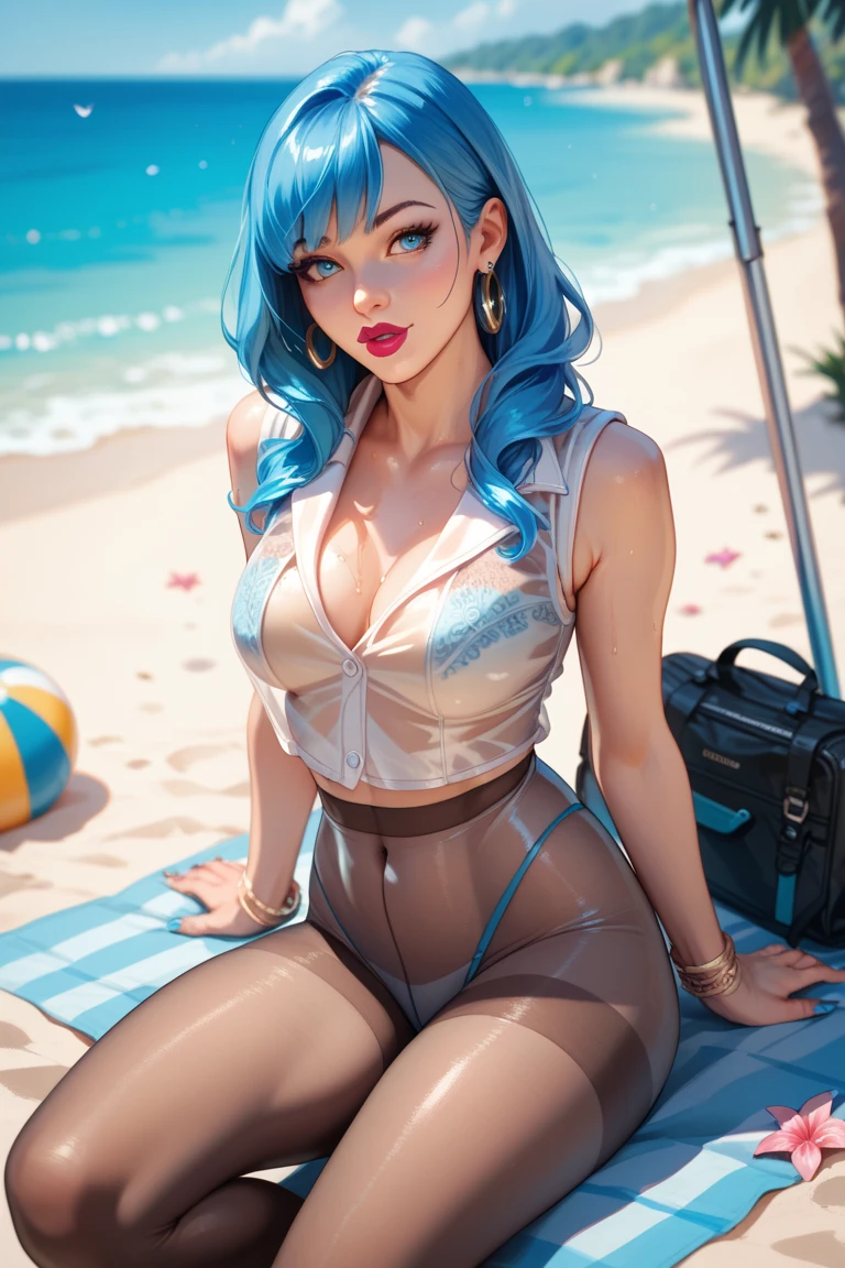 foto da obra de arte mais bonita do mundo, apresentando uma mulher punk moderna,blue hair leaning against a van on a California beach, trending on ArtStation, CGSociety, Intricate, High Detail, Sharp focus, dramatic, photorealistic painting art by greg Rutkowski