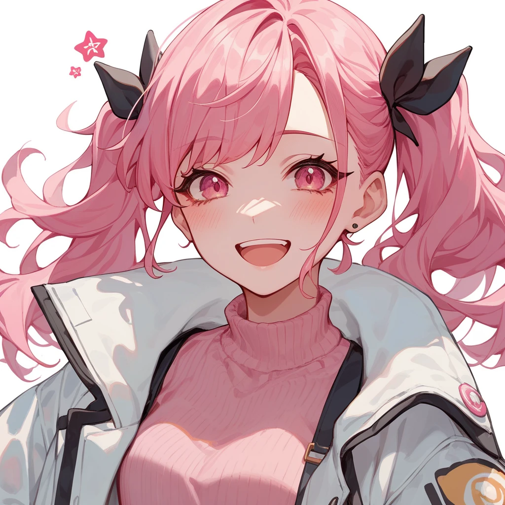 1girl, woman, light skin, long pink hair, pink eyes, pink shirt, white jacket, black pants, happy expression, anime style, digital art, icon, white background, icon