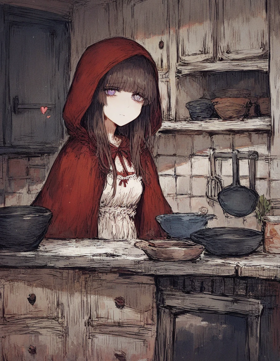 Black souls style,  red hood ,   Cinematic Lights,1 girl,  brown hair , long hair, violet eyes, love, heart, sad, hime cut, beautiful, adolescent,  medium breasts , kitchen, dining room, haddock,