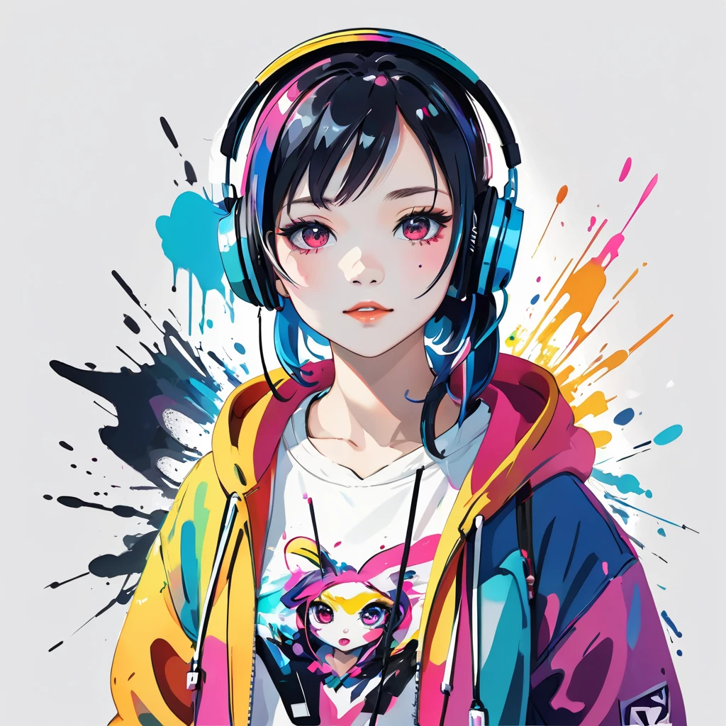 1girl, black eyes, wink, perfect face, hairclips, music headset, v pose, zip hoodie, sharp shadows, white background with watercolor splash of colors , beautiful rich colors, solid colors, masterpiece, best quality