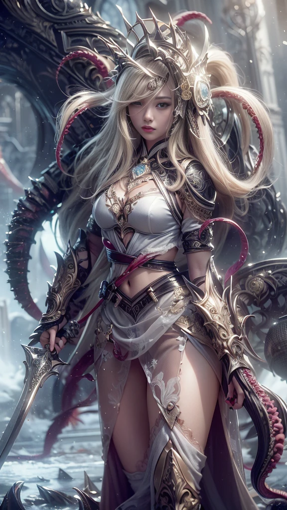 Vicious white cat，Dull yellow eyes，Extreme body detail close-up,White fangs,Sharp claws，Lie on the ground，blood-stained armor,The armor is tattered,Blood dripping,Blood dripped from the corners of the mouth,True blood,Full body like,Prepare to pounce upwards，wlop