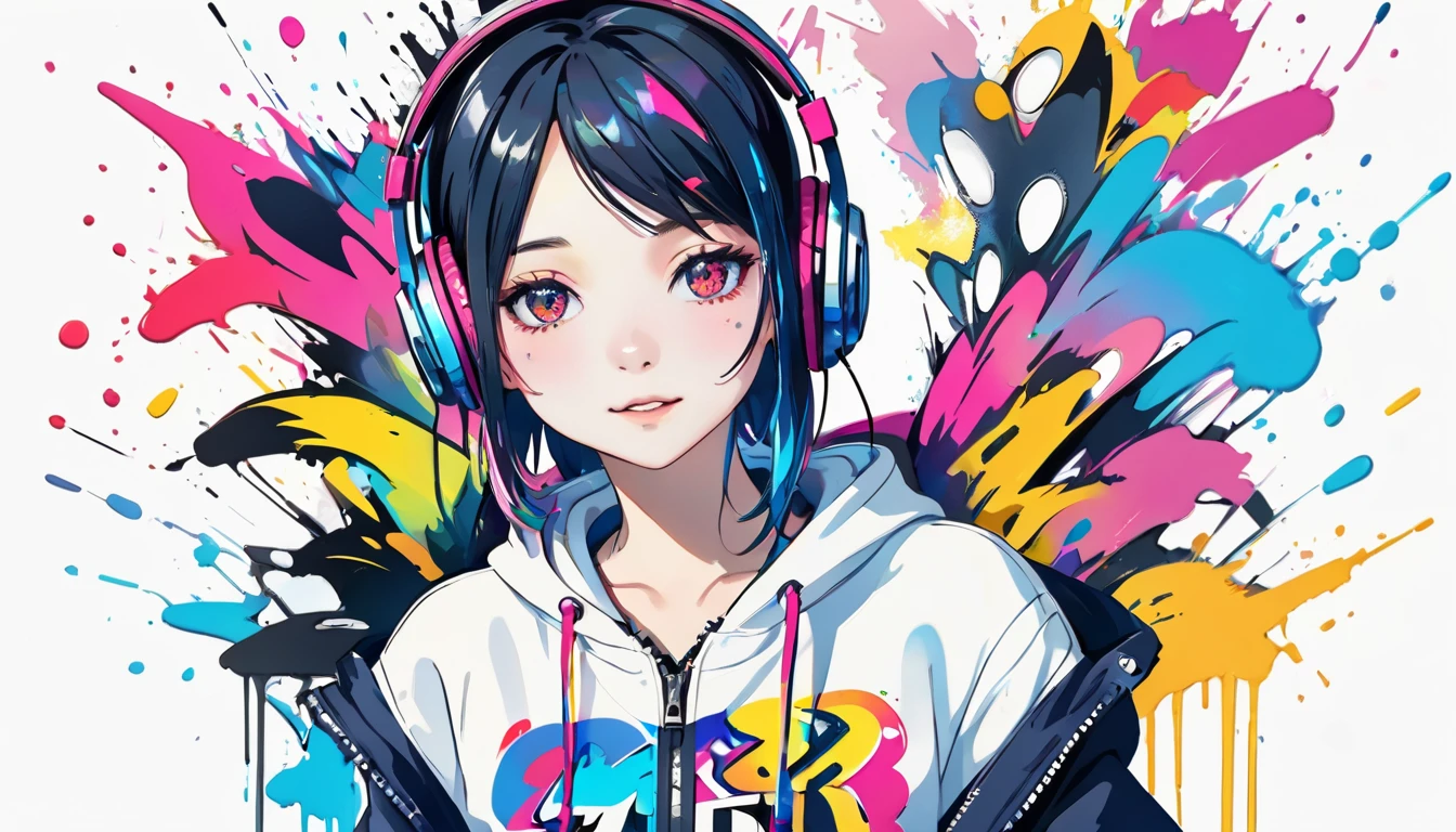 1girl, black eyes, wink, perfect face, hairclips, music headset, v pose, zip hoodie, sharp shadows, white background with watercolor splash of colors , beautiful rich colors, solid colors, masterpiece, best quality