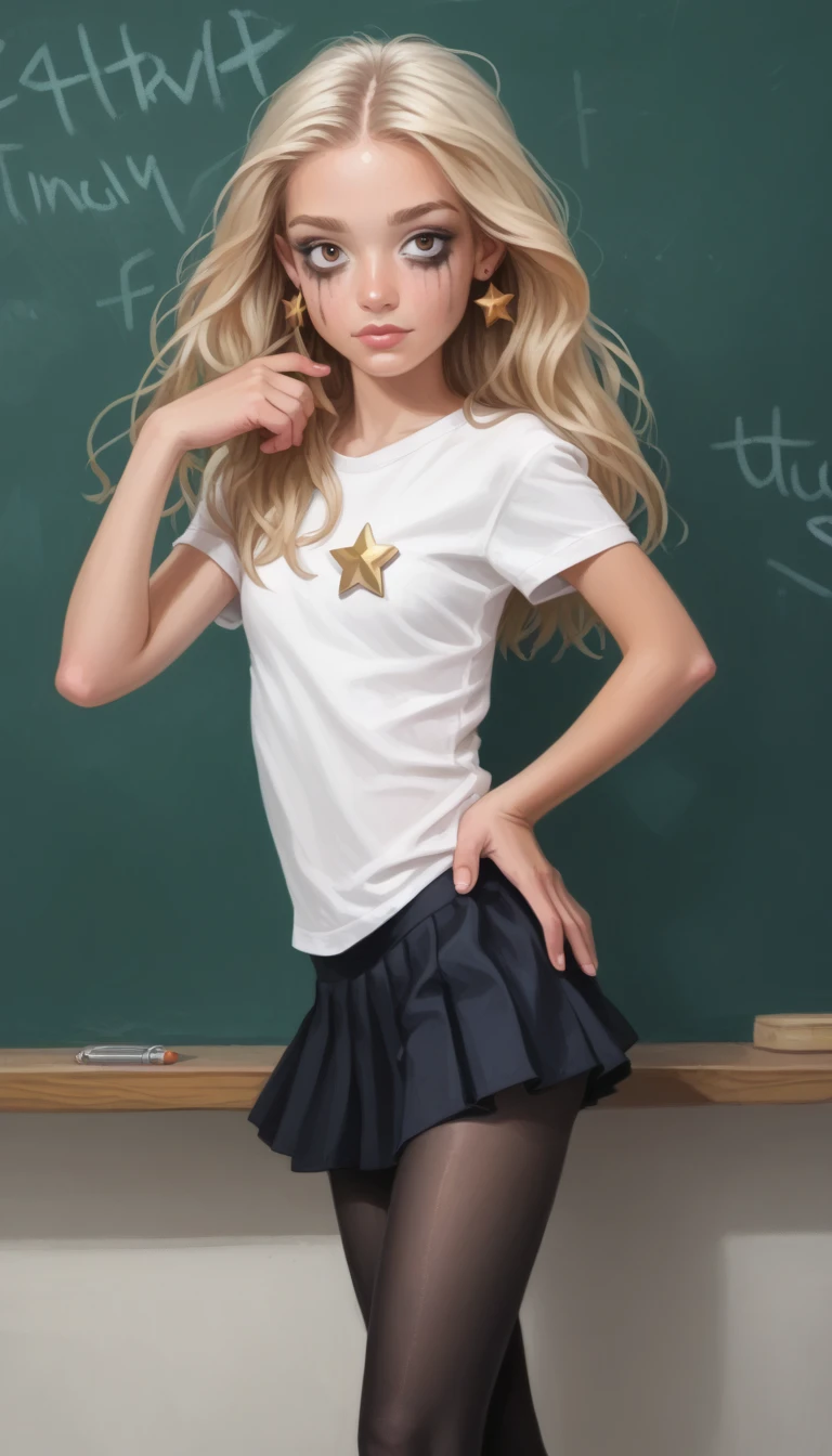 score_9, score_8_up, score_7_up,  better quality, masterpiece,realistic eye,  small breasts , 
2000s kogal style, ( young girl:1.3), ( tanned skin :1.3), (heavy makeup:1.2), ,  loose-fitting socks ,  bright blonde hair ,  straight long hair with bangs, big brown eyes,  well-groomed eyebrows ,  calm facial expression, looking at the camera,  star shaped gold earrings , ( shiny skin :1.3), Classroom Background,  poses, placing one hand on his hip, and a playful smile , black pantyhose, Mini-skirt,
