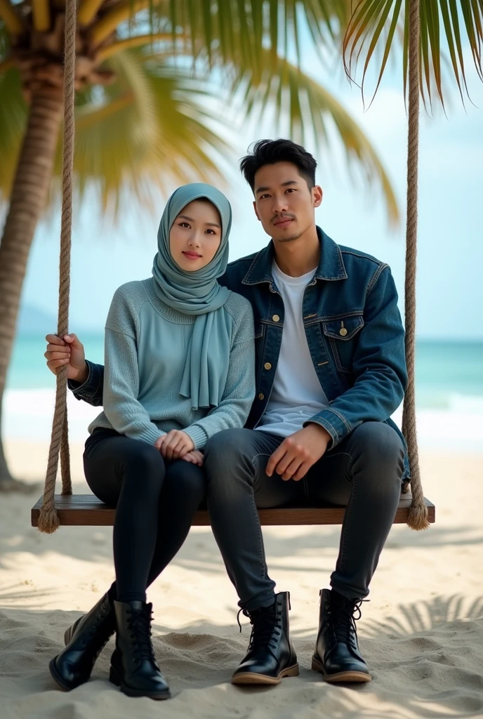Beautiful Korean woman with white skin, clean and smooth, wearing a hijab with a light blue knit hoodie, black jeans, boots, sitting on a swing with a handsome white man, wearing a dark blue jean jacket, black jeans, boots, looking straight ahead, in front of the beach , with a coconut tree mountain house in the background, original photo