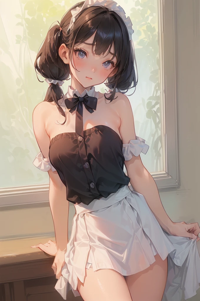 (masterpiece), Mature Woman,Frilled maid outfit, Small breasts,Natural light, Realistic, Diffuse Light, skinny, vapor, (Please lift your skirt), (urination), With a smile.garter belt,Enamel stockings,Long nipples,Areola,See-through bra, Fellatio gestures,Frill apron