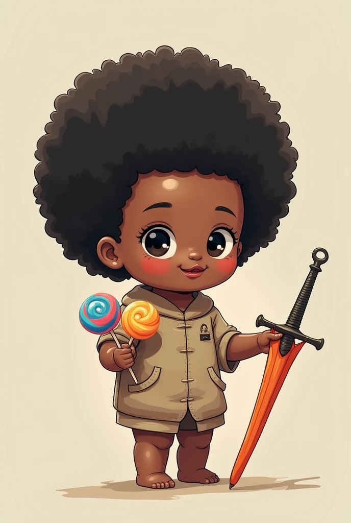 A boy with smile and with a orange dress holding knife