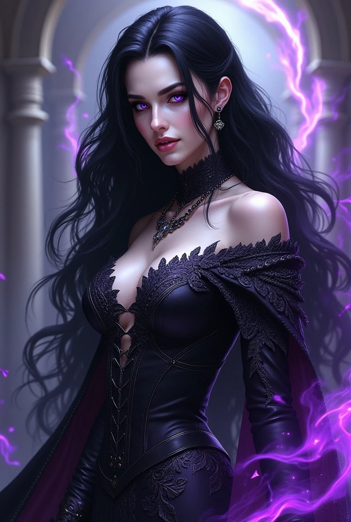 Yami, the Goddess of Chaos, Destruction, Death, Darkness, the End, and Omega
Clothes:
Yami’s kimono is a striking contrast to Kami's, made of dark purple and black fabric that clings to her body. The design is bold and revealing, with a plunging neckline that showcases her cleavage and high slits that expose her legs. The kimono is adorned with dark patterns resembling the night sky, and its edges seem to blur into shadows. The dark hues of her attire reflect her connection to chaos and destruction.
Appearance:
Yami shares the same fair skin as Kami, but her aura is far more intimidating. Her long, raven-black hair flows like liquid darkness, cascading down her back and framing her face with an air of mystery. Her deep purple eyes seem to absorb all light, reflecting the void of death and destruction. Her lips are painted in a deep, almost black shade of purple, adding to her sultry and dangerous allure. Her overall appearance is both alluring and terrifying, embodying the seductive nature of chaos.