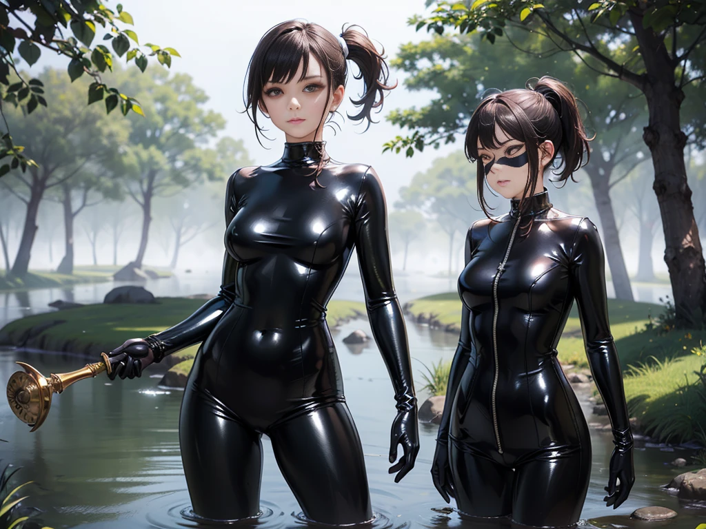 two women in wetsuits posing for a picture in a park, skintight black clothes, wearing black tight clothing, skintight suits, two beautiful anime girls, beautiful sci - fi twins, wearing tight suit, cute girl wearing tank suit, wearing a black catsuit, skintight black bodysuit, range murata and artgerm, tight full body suit
