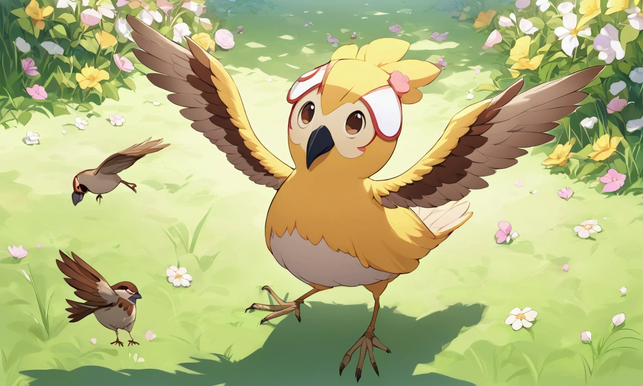 A cute woman (role of a sparrow bird wings, adorable helmet with big bird eyes and beak, bird bikini with tail feathers), she is flying high over a field of flowers hunting big juicy bugs, daytime, her bird shadow is big (priority bird is in flight casting a shadow on the ground, double check anatomy)
