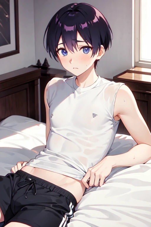 
１５age　 one boy with w　 in underwear　Black shorts　 bed　　