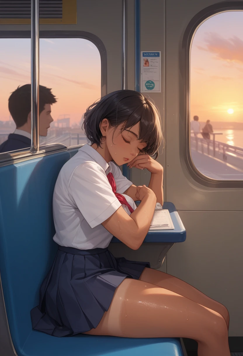 BREAK 1girl,sleeping on a train seat from front,Sit, BREAK In a crowded train,((Evening)),The sunset shines in, BREAK 1girl,Big butt,black hair,tan line,short hair(sweat,School uniform, BREAK detailed,score_9, score_8_up, score_7_up, score_6_up, score_5_up, score_4_up, sound effects, wide shot,