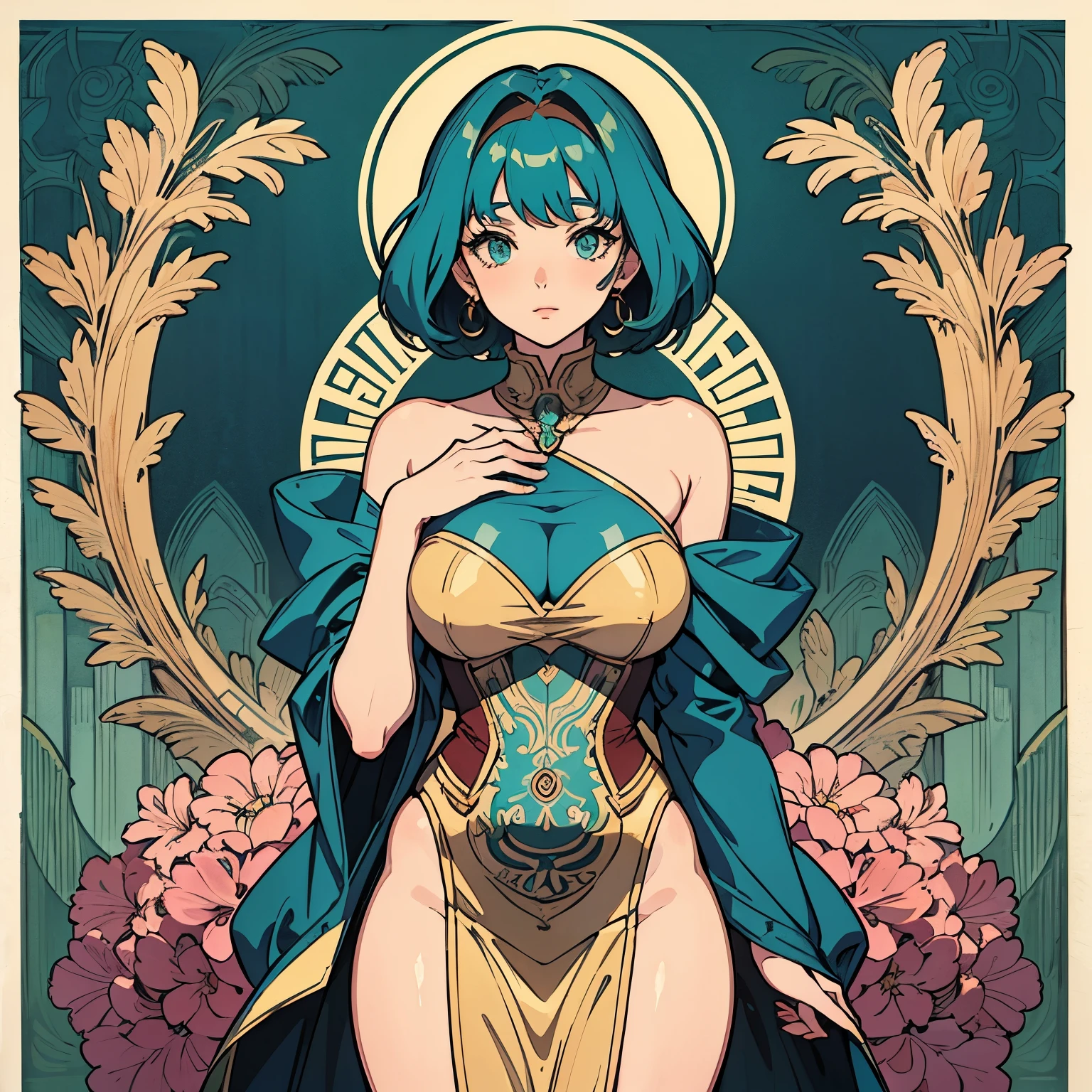Create a very voluptuous anime-style woman looking straight ahead with her arms separated, one on each side, showing her full body from head to toe and her arms not appearing cut off.